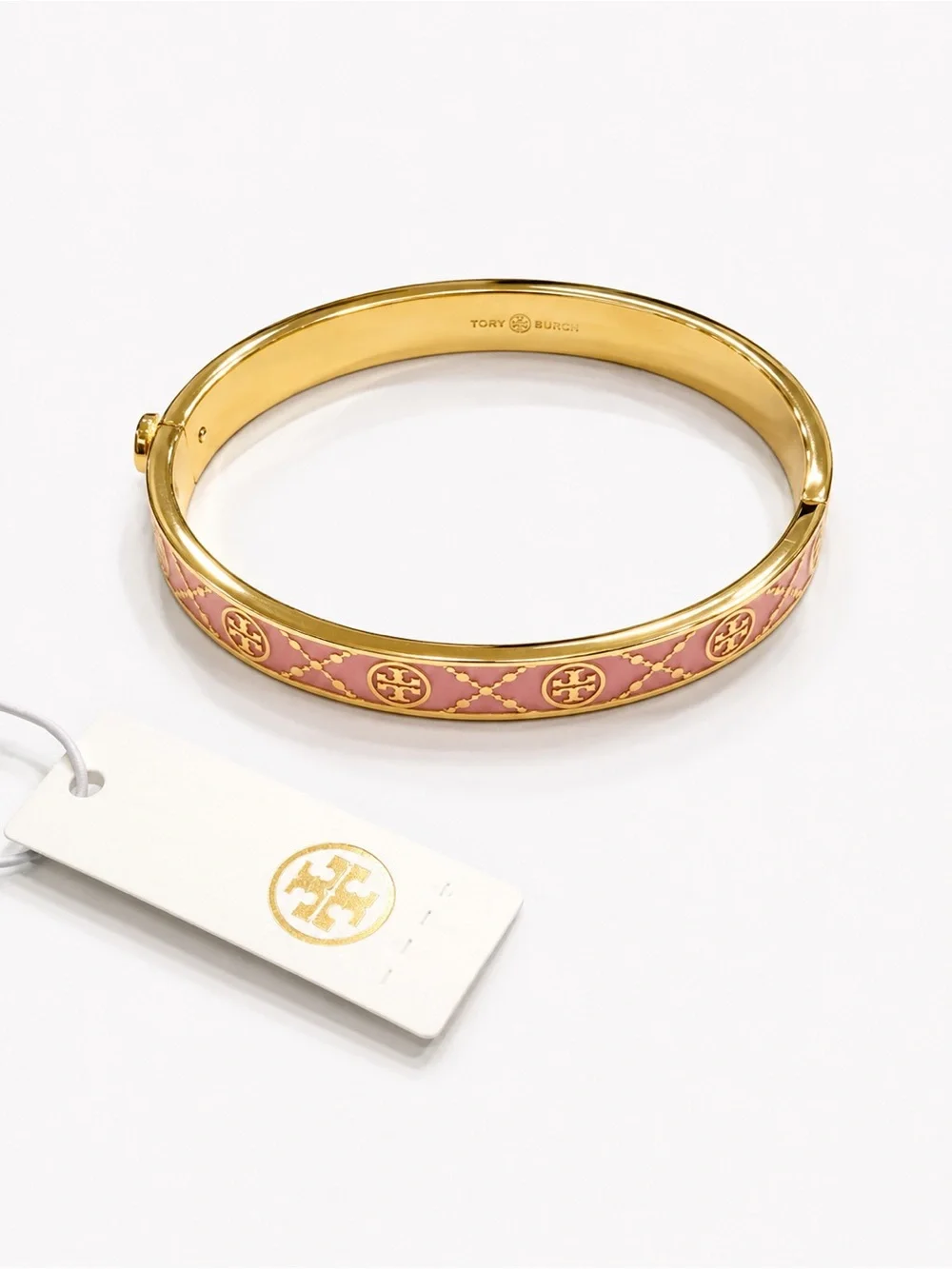 Tory Burch Pink Enamel Gold-Tone Logo Bangle Bracelet NWT